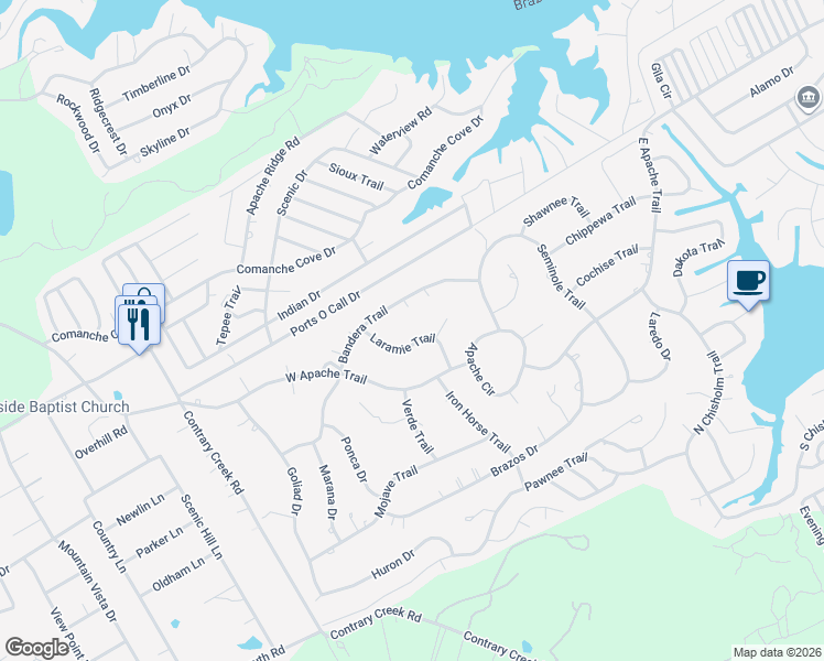 map of restaurants, bars, coffee shops, grocery stores, and more near 3915 Laramie Trail in Granbury