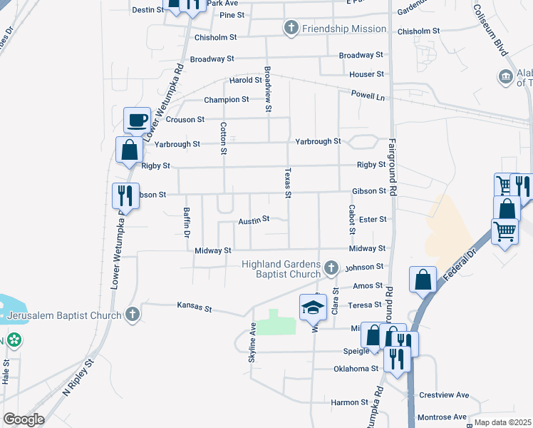map of restaurants, bars, coffee shops, grocery stores, and more near 1815 Austin Street in Montgomery