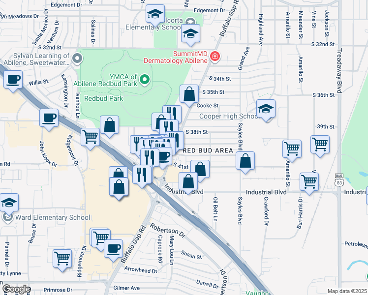 map of restaurants, bars, coffee shops, grocery stores, and more near 2809 South 39th Street in Abilene