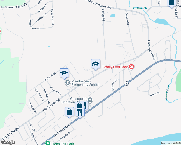 map of restaurants, bars, coffee shops, grocery stores, and more near 109 Butler Street in Selma