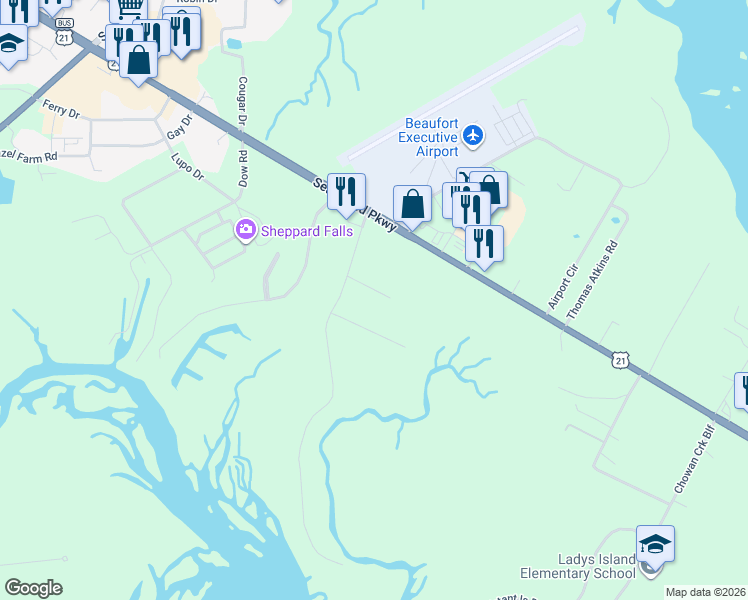 map of restaurants, bars, coffee shops, grocery stores, and more near 8 Founders Walk in Beaufort