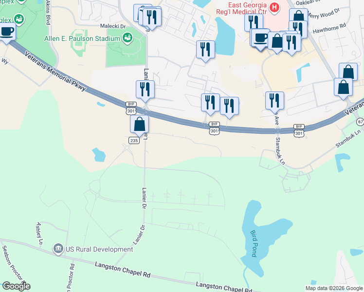 map of restaurants, bars, coffee shops, grocery stores, and more near 103 Park Avenue in Statesboro