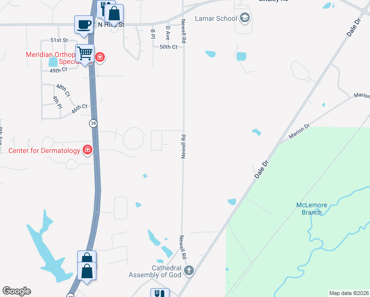 map of restaurants, bars, coffee shops, grocery stores, and more near 4086-4330 Newell Road in Meridian