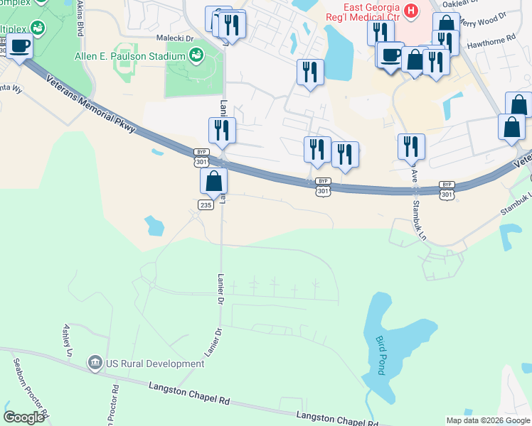 map of restaurants, bars, coffee shops, grocery stores, and more near 230 Lanier Drive in Statesboro