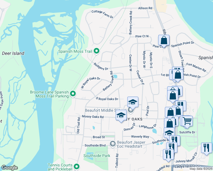 map of restaurants, bars, coffee shops, grocery stores, and more near 802 Battery Creek Road in Beaufort