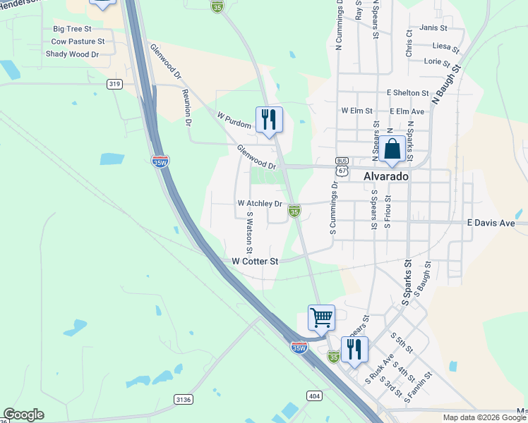map of restaurants, bars, coffee shops, grocery stores, and more near 102 Hillside Drive in Alvarado