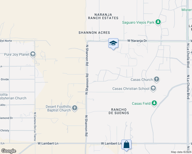map of restaurants, bars, coffee shops, grocery stores, and more near 10910 North Shannon Road in Tucson