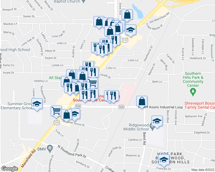 map of restaurants, bars, coffee shops, grocery stores, and more near 9137 Mansfield Road in Shreveport