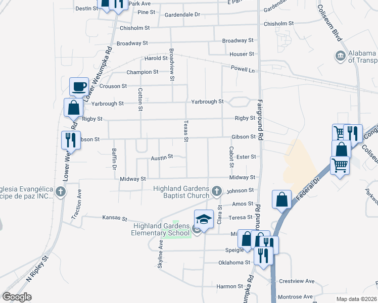 map of restaurants, bars, coffee shops, grocery stores, and more near 3062 Texas Street in Montgomery