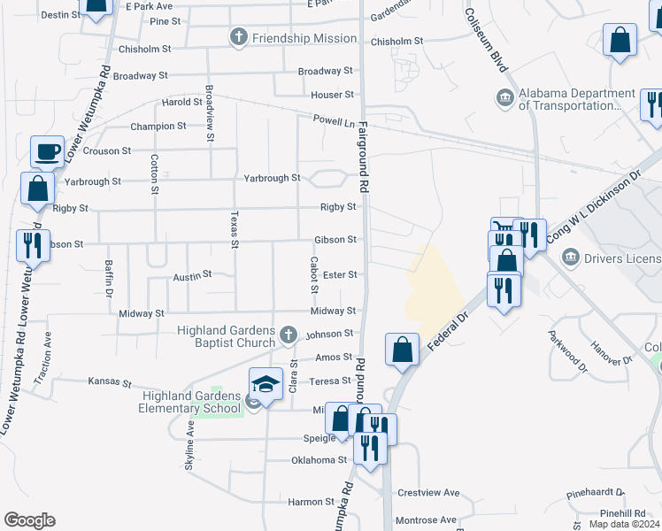 map of restaurants, bars, coffee shops, grocery stores, and more near 2121 Ester Street in Montgomery