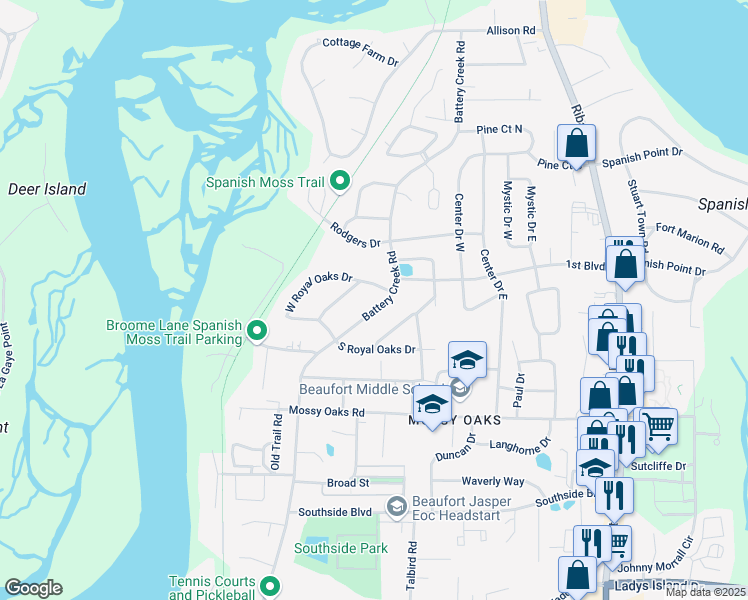 map of restaurants, bars, coffee shops, grocery stores, and more near 802 Battery Creek Road in Beaufort