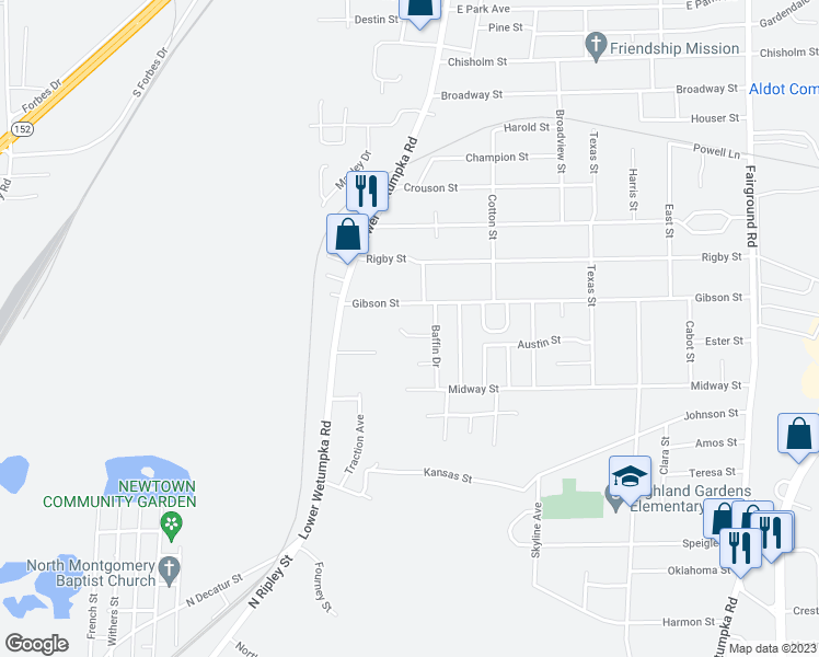 map of restaurants, bars, coffee shops, grocery stores, and more near 1515 Amoy Court in Montgomery