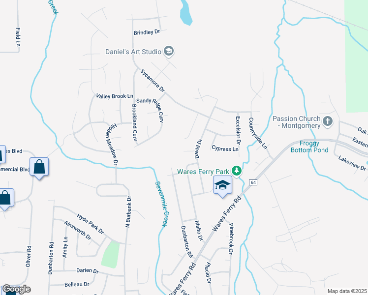 map of restaurants, bars, coffee shops, grocery stores, and more near 6316 Sequoia Drive in Montgomery