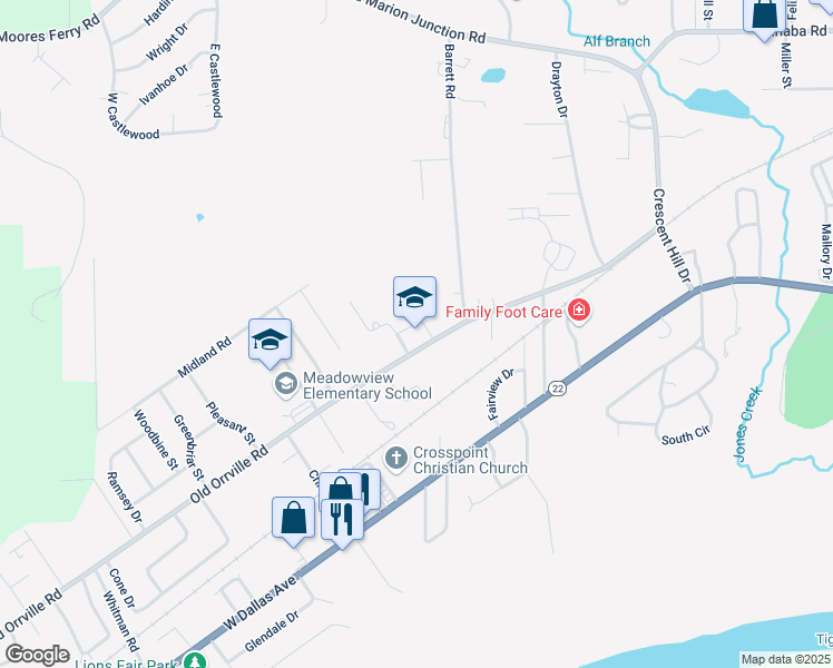 map of restaurants, bars, coffee shops, grocery stores, and more near 1512 Old Orrville Road in Selma