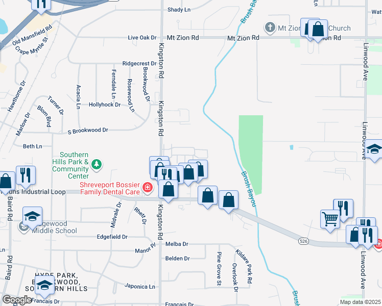 map of restaurants, bars, coffee shops, grocery stores, and more near 9045 Kingston Road in Shreveport
