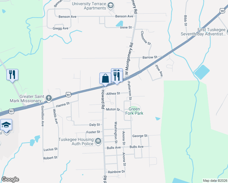 map of restaurants, bars, coffee shops, grocery stores, and more near Oceans Street in Tuskegee