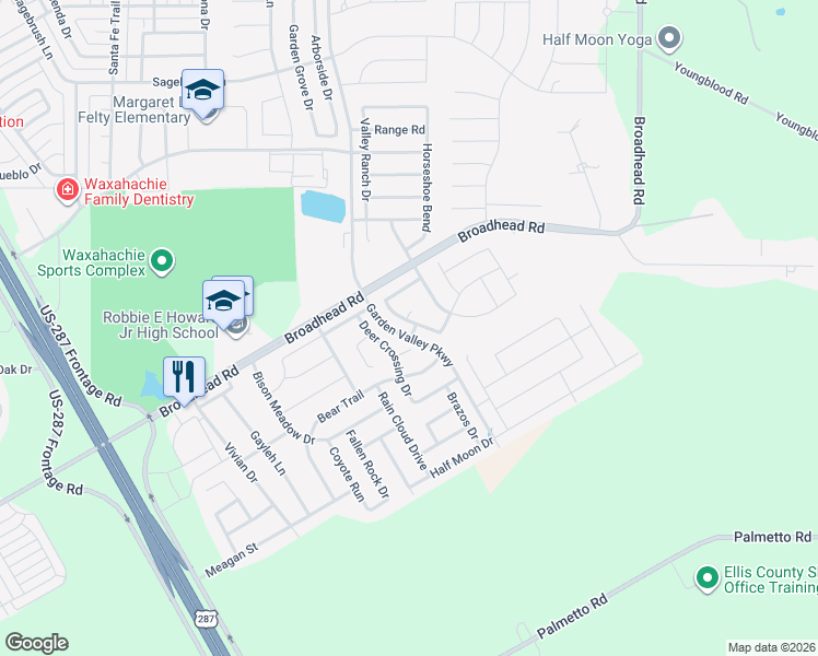 map of restaurants, bars, coffee shops, grocery stores, and more near 140 Camp Fire Drive in Waxahachie