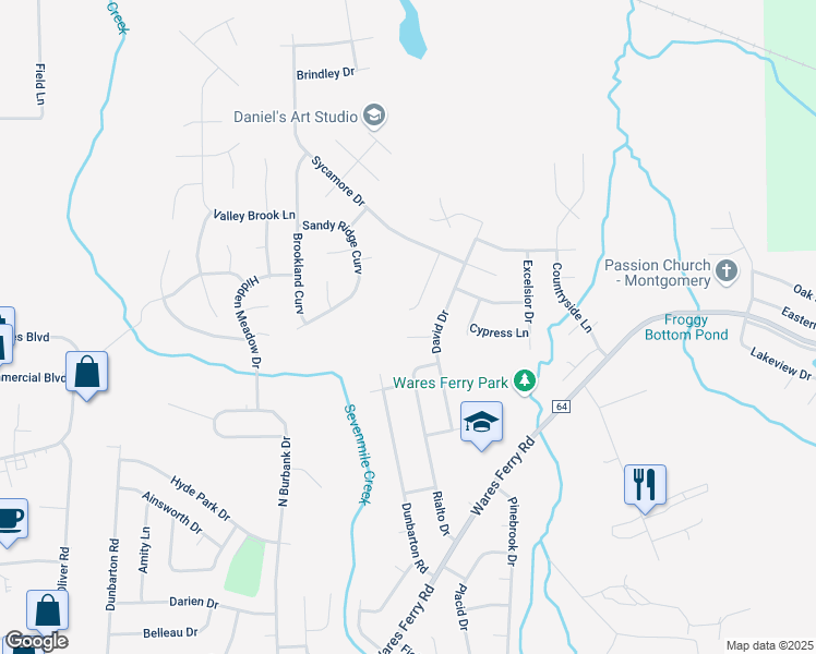 map of restaurants, bars, coffee shops, grocery stores, and more near 6316 Sequoia Drive in Montgomery
