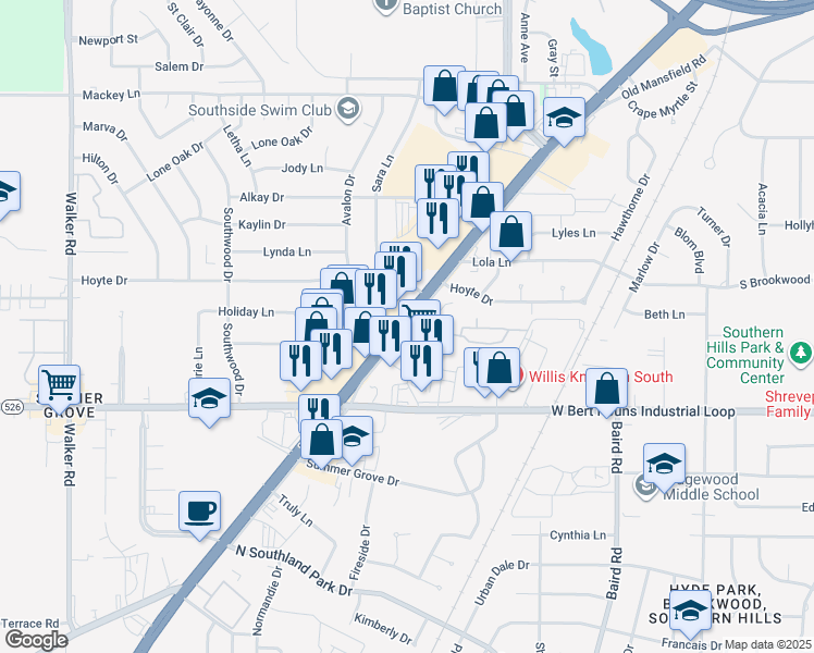 map of restaurants, bars, coffee shops, grocery stores, and more near 9137 Mansfield Road in Shreveport