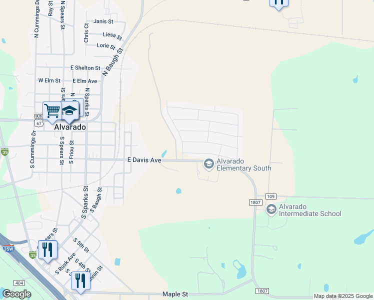 map of restaurants, bars, coffee shops, grocery stores, and more near 709-713 Farm to Market 1807 in Alvarado