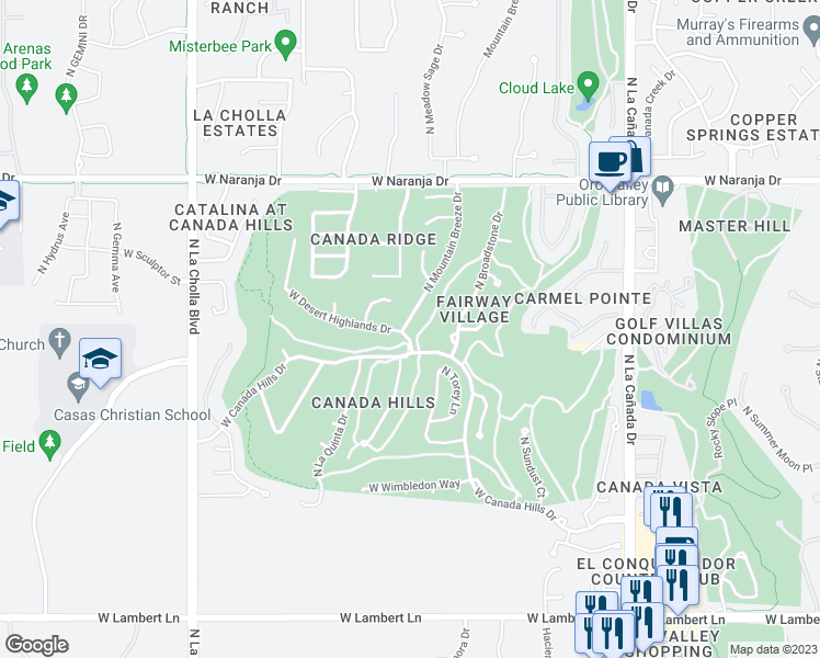 map of restaurants, bars, coffee shops, grocery stores, and more near 10938 North Mountain Breeze Drive in Tucson
