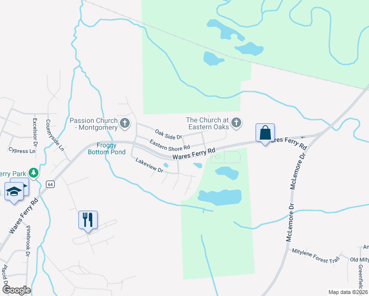 map of restaurants, bars, coffee shops, grocery stores, and more near 6999 Eastern Shore Road in Montgomery