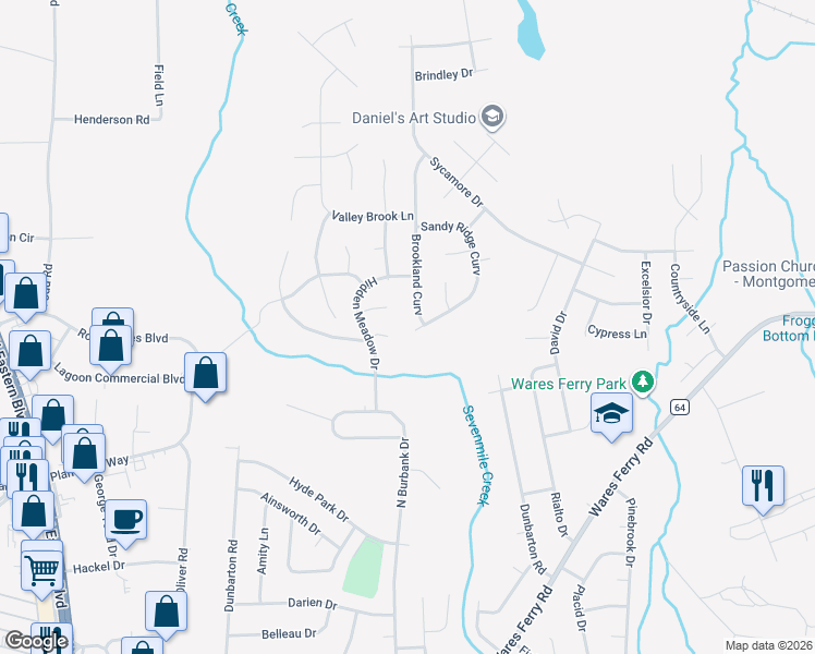 map of restaurants, bars, coffee shops, grocery stores, and more near 6447 Sandy Ridge Curve in Montgomery