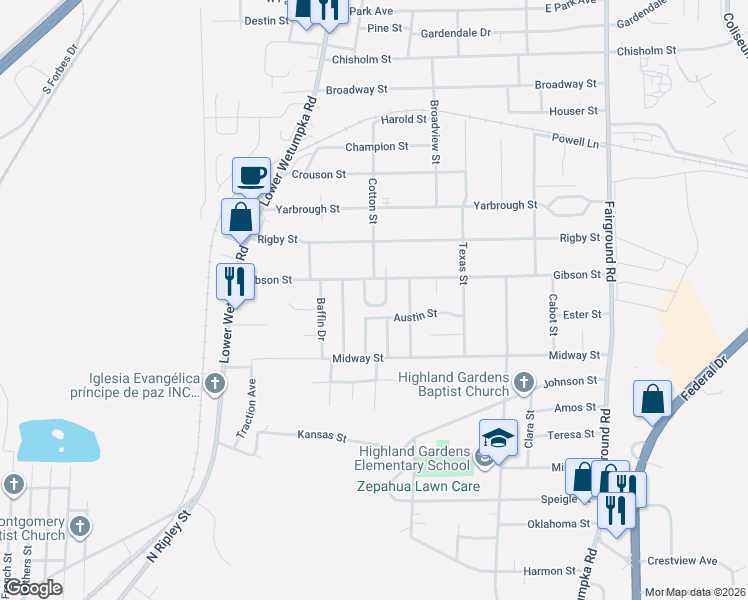 map of restaurants, bars, coffee shops, grocery stores, and more near 1820 Cotton Court in Montgomery