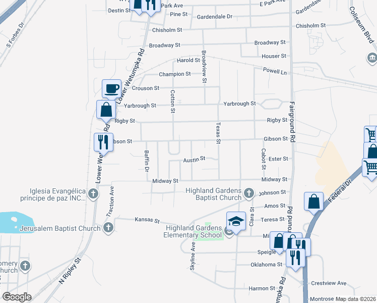map of restaurants, bars, coffee shops, grocery stores, and more near 3059 Barksdale Street in Montgomery