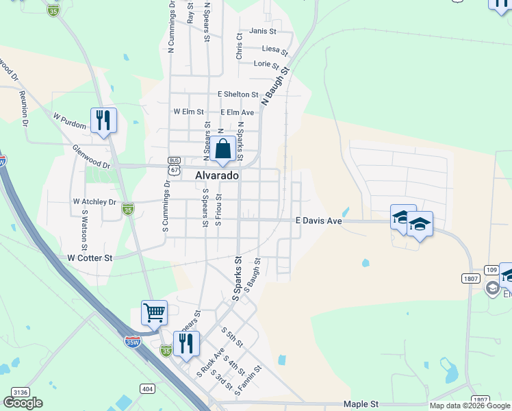 map of restaurants, bars, coffee shops, grocery stores, and more near 401 East Davis Avenue in Alvarado