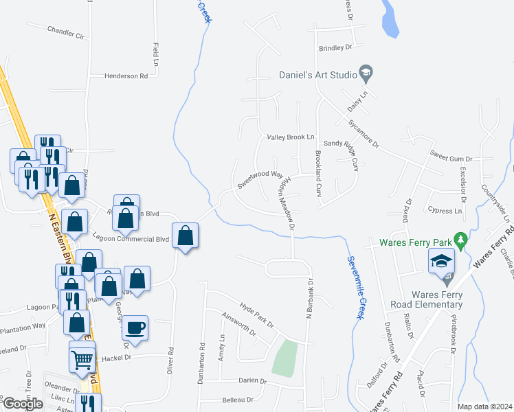 map of restaurants, bars, coffee shops, grocery stores, and more near 5735 Sweet Meadow Drive in Montgomery
