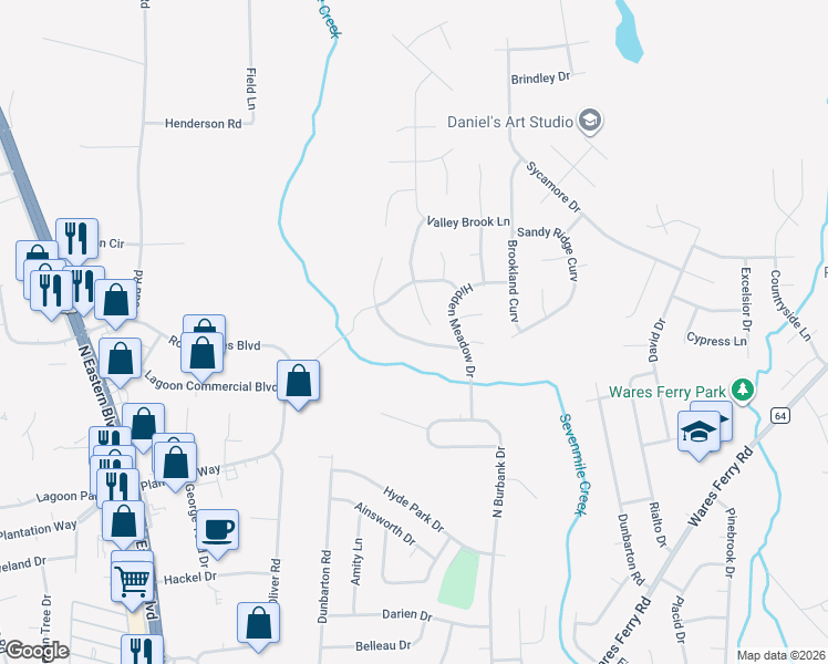 map of restaurants, bars, coffee shops, grocery stores, and more near 5728 Sweet Meadow Drive in Montgomery