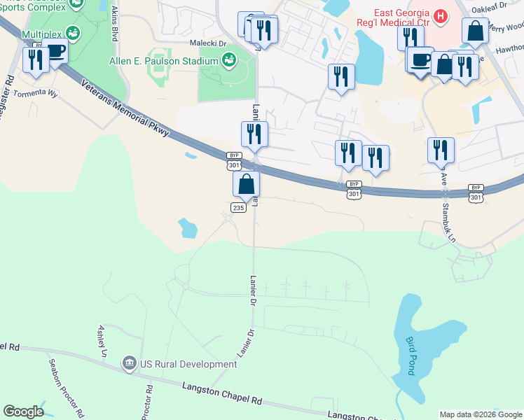 map of restaurants, bars, coffee shops, grocery stores, and more near 234 Lanier Drive in Statesboro