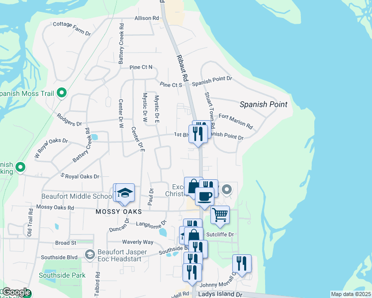map of restaurants, bars, coffee shops, grocery stores, and more near 33 Tekoa Lane in Beaufort