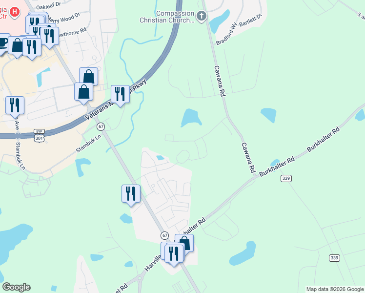 map of restaurants, bars, coffee shops, grocery stores, and more near 1068 Cawana Road in Statesboro