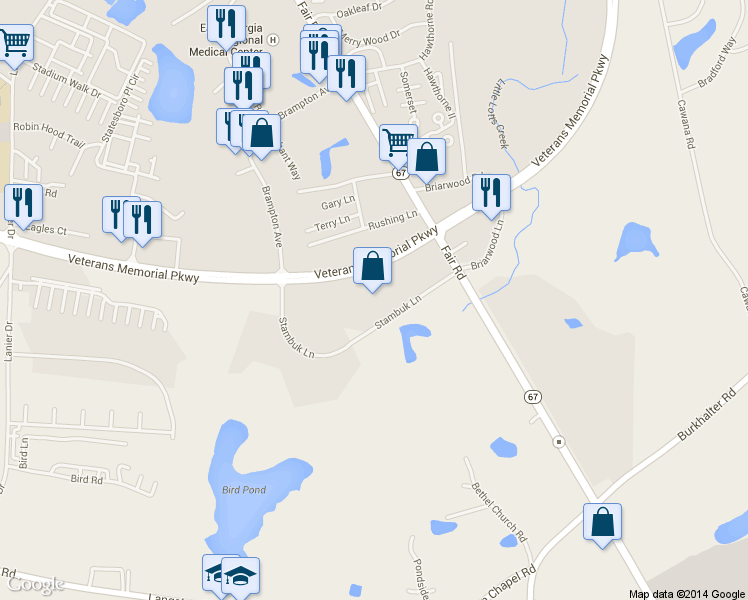 map of restaurants, bars, coffee shops, grocery stores, and more near 3001 Stambuk Lane in Statesboro