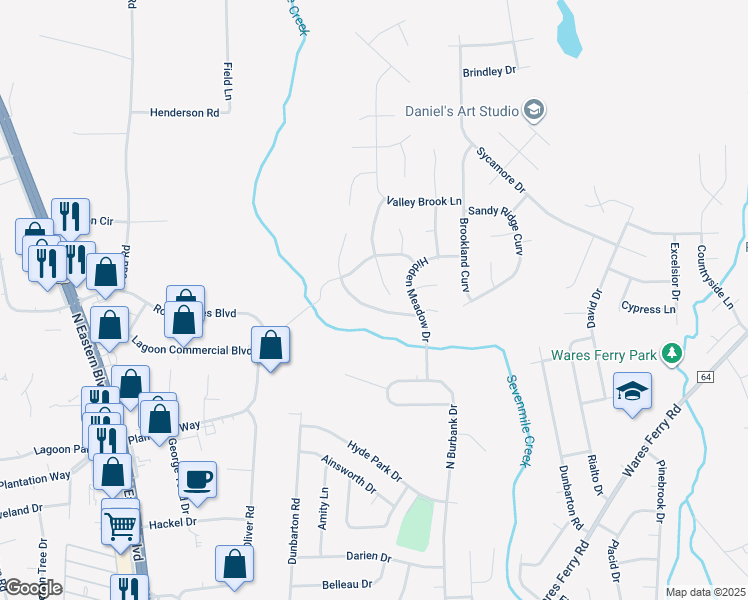 map of restaurants, bars, coffee shops, grocery stores, and more near 5728 Sweet Meadow Drive in Montgomery