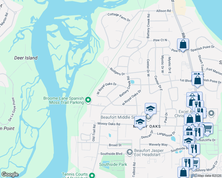 map of restaurants, bars, coffee shops, grocery stores, and more near 807 Coates Lane in Beaufort