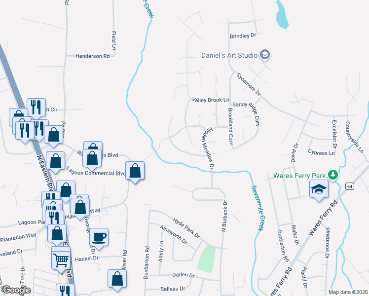 map of restaurants, bars, coffee shops, grocery stores, and more near 5728 Sweet Meadow Drive in Montgomery