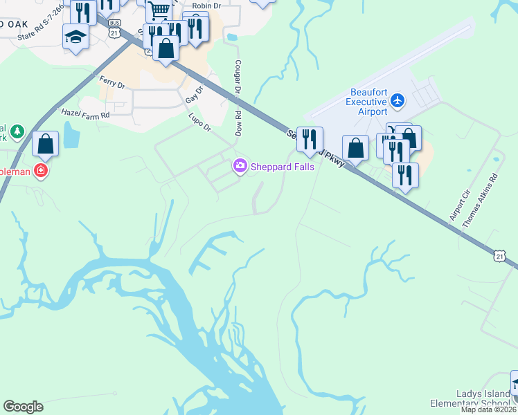 map of restaurants, bars, coffee shops, grocery stores, and more near 41 Little Creek Road in Beaufort