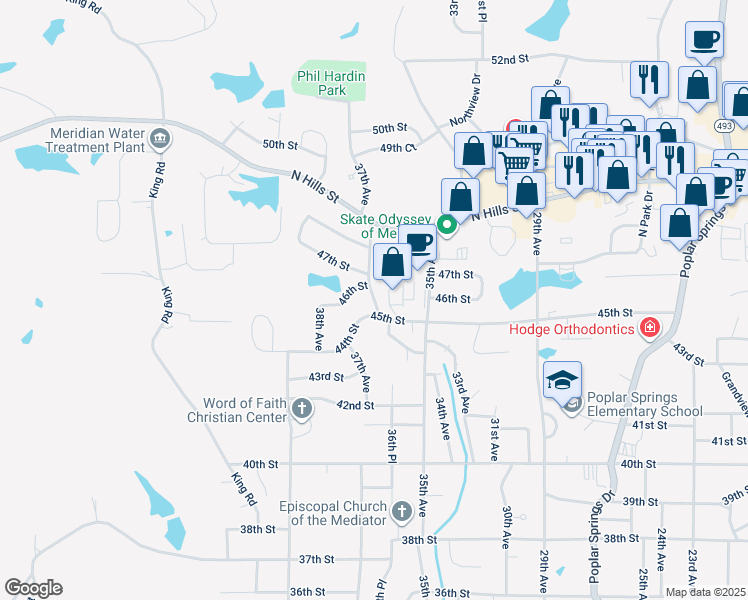map of restaurants, bars, coffee shops, grocery stores, and more near 4503 36th Avenue in Meridian