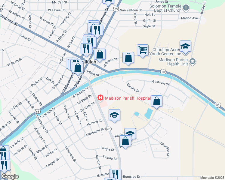 map of restaurants, bars, coffee shops, grocery stores, and more near 198 Fuqua St in Tallulah
