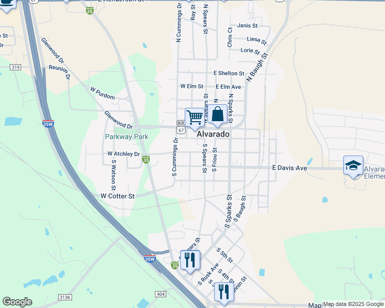 map of restaurants, bars, coffee shops, grocery stores, and more near 307 South Russell Street in Alvarado