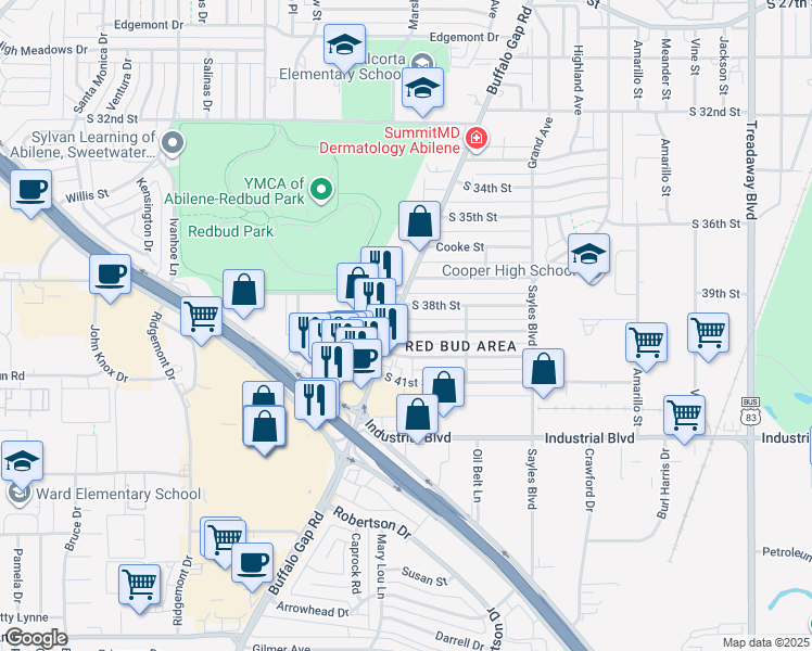 map of restaurants, bars, coffee shops, grocery stores, and more near 2809 South 39th Street in Abilene