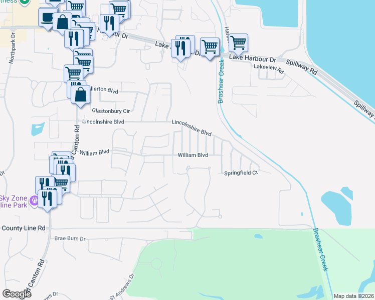 map of restaurants, bars, coffee shops, grocery stores, and more near 907 William Boulevard in Ridgeland