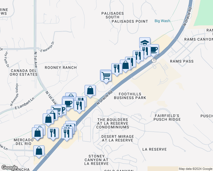 map of restaurants, bars, coffee shops, grocery stores, and more near 10901 North Oracle Road in Oro Valley