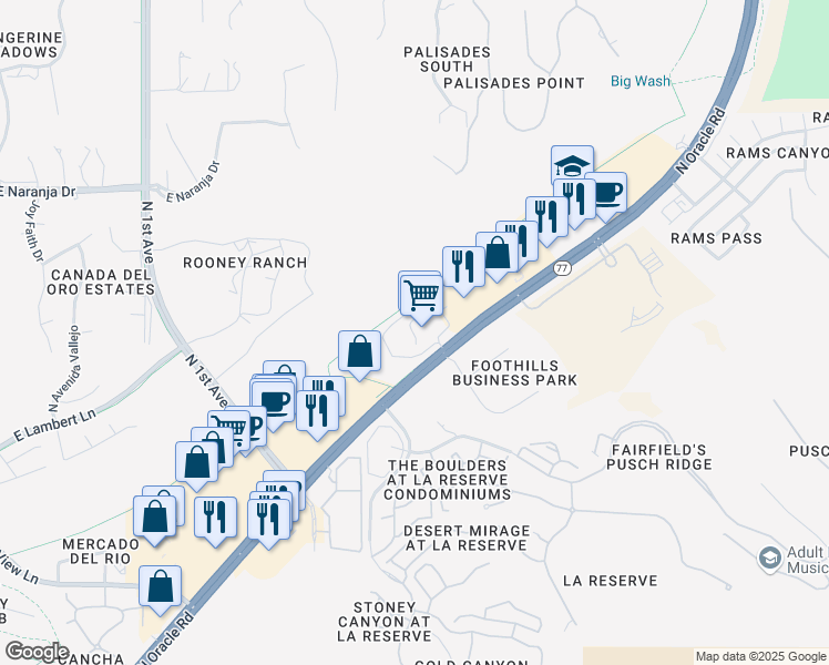 map of restaurants, bars, coffee shops, grocery stores, and more near 10901 North Oracle Road in Oro Valley