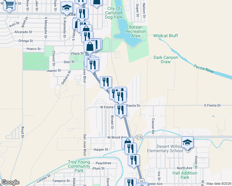 map of restaurants, bars, coffee shops, grocery stores, and more near 1600 South Canal Street in Carlsbad