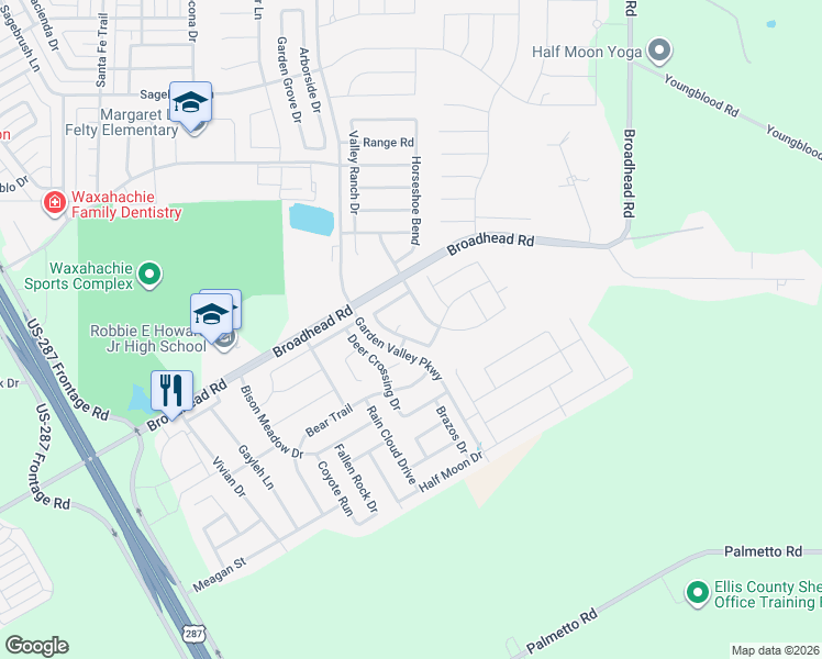 map of restaurants, bars, coffee shops, grocery stores, and more near 140 Camp Fire Drive in Waxahachie