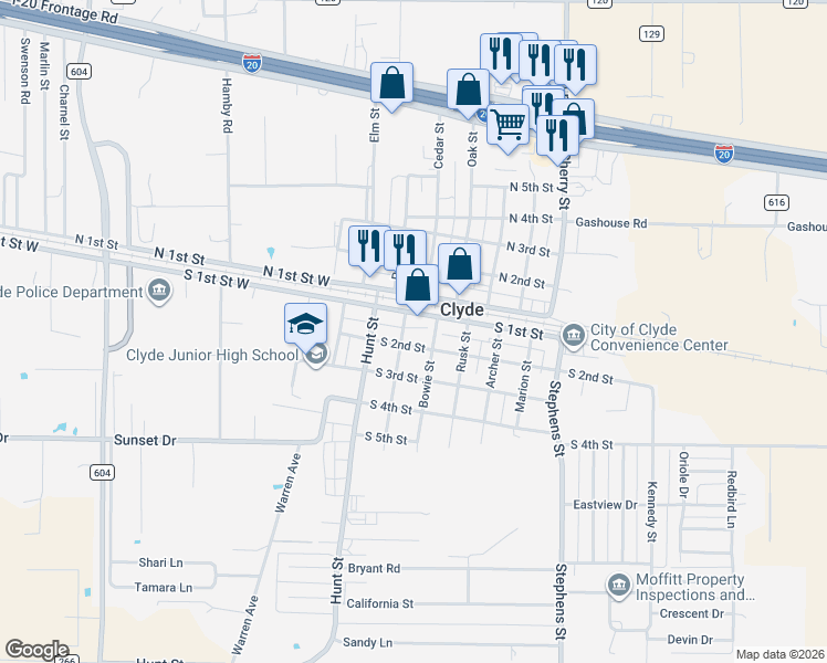 map of restaurants, bars, coffee shops, grocery stores, and more near 204 Bowie Street in Clyde